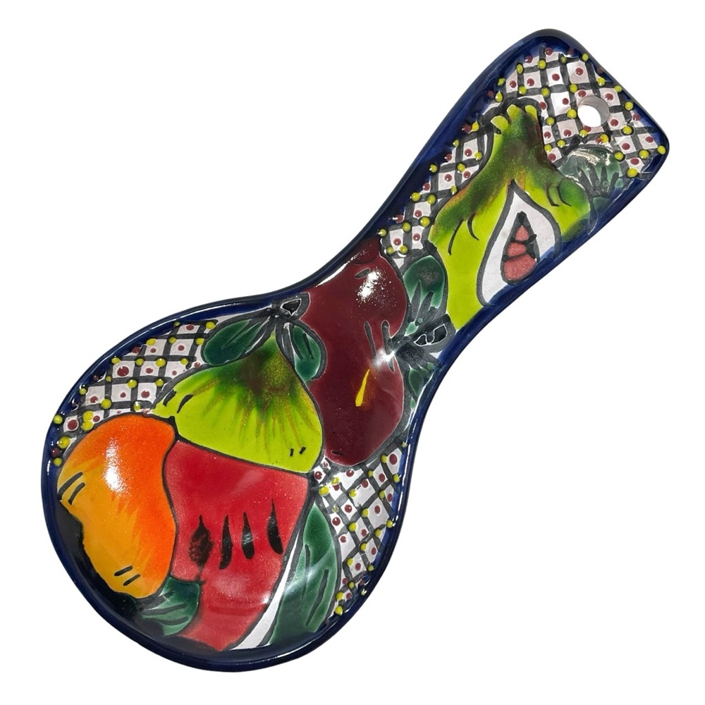 Vintage 1990s Talavera Mexican Folk Art Pottery Signed Spoon/Utensil Rest